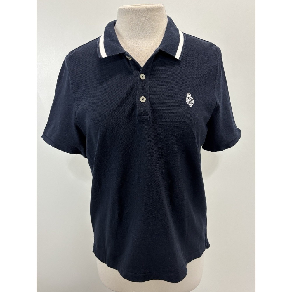 Lauren Ralph Lauren Active Knit Polo Shirt Women's L Navy Crest Stretch Preppy